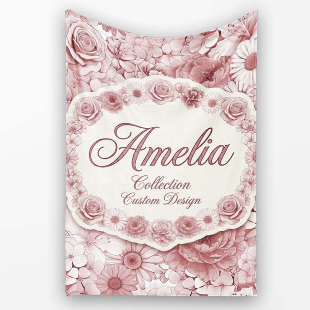 Vintage Monochrome Floral Roses Peonies and Daisies Seamless  Personalised Custom Name Super Soft Fleece Blanket Bed Sofa Throw