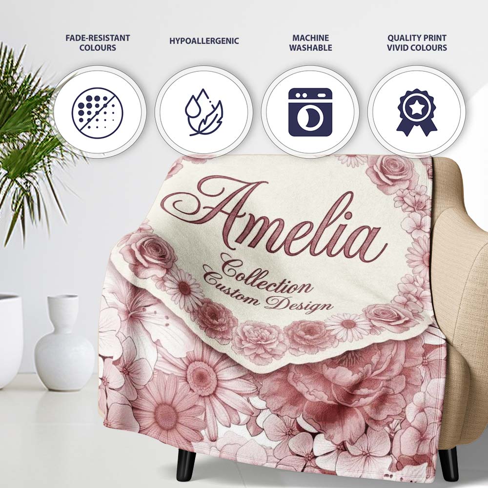 Vintage Monochrome Floral Roses Peonies and Daisies Seamless  Personalised Custom Name Super Soft Fleece Blanket Bed Sofa Throw