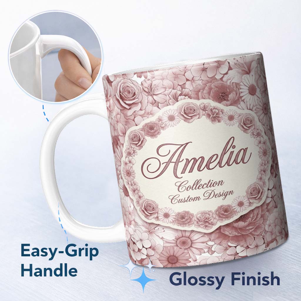 Personalized Custom Name Vintage Monochrome Floral Roses Peonies and Daisies Seamless 11oz Ceramic Coffee Tea Mug White Large Handle