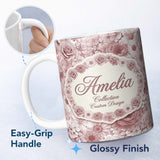 Personalized Custom Name Vintage Monochrome Floral Roses Peonies and Daisies Seamless 11oz Ceramic Coffee Tea Mug White Large Handle