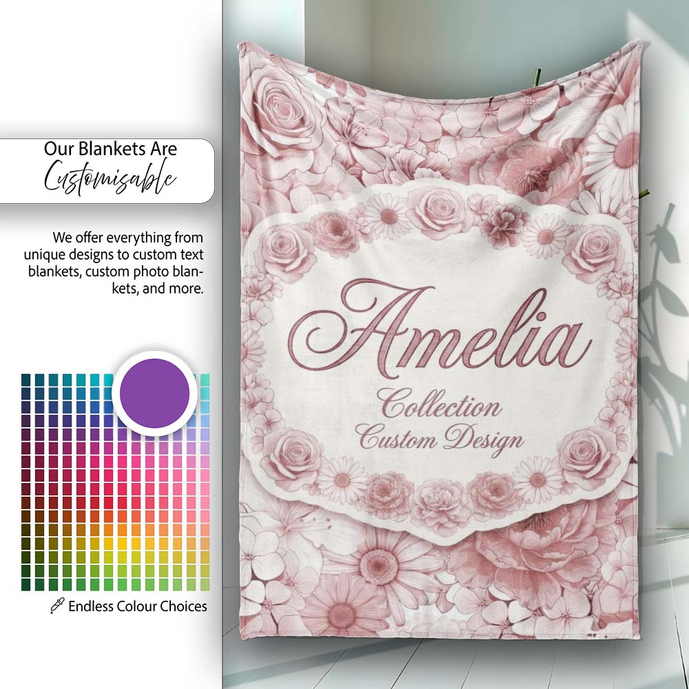 Vintage Monochrome Floral Roses Peonies and Daisies Seamless  Personalised Custom Name Super Soft Fleece Blanket Bed Sofa Throw