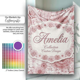 Vintage Monochrome Floral Roses Peonies and Daisies Seamless  Personalised Custom Name Super Soft Fleece Blanket Bed Sofa Throw