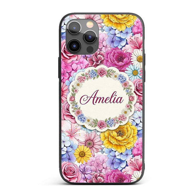Bright Colourful Mixed Floral Roses Peonies and Custom Name Protective Phone Case Mobile Cover Durable Everyday Smartphone Shock Resistant