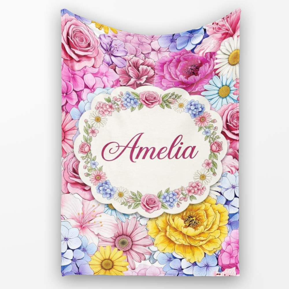 Bright Colourful Mixed Floral Roses Peonies and Daisies Seamless  Personalised Custom Name Super Soft Fleece Blanket Bed Sofa Throw