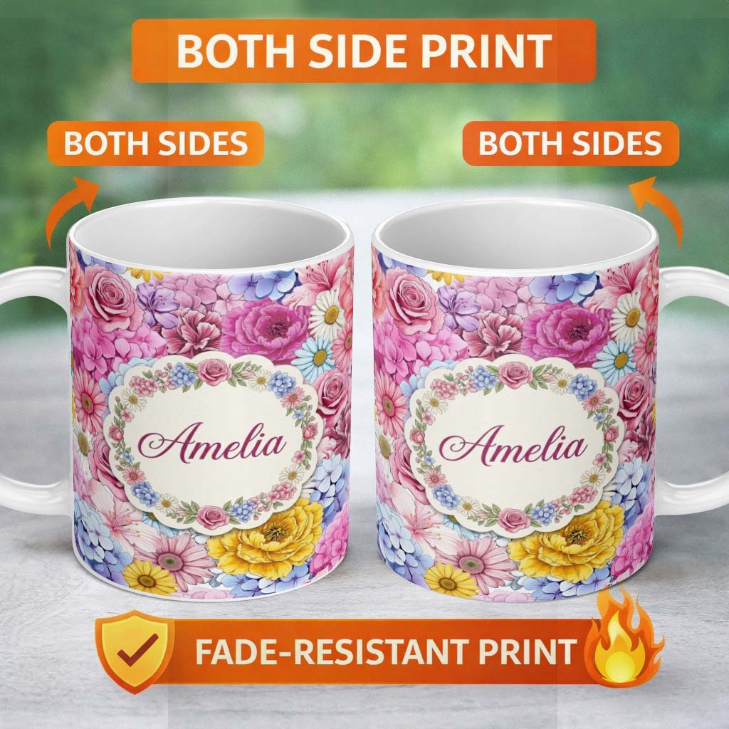 Personalized Custom Name Bright Colourful Mixed Floral Roses Peonies and Daisies Seamless 11oz Ceramic Coffee Tea Mug White Large Handle