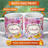 Personalized Custom Name Bright Colourful Mixed Floral Roses Peonies and Daisies Seamless 11oz Ceramic Coffee Tea Mug White Large Handle