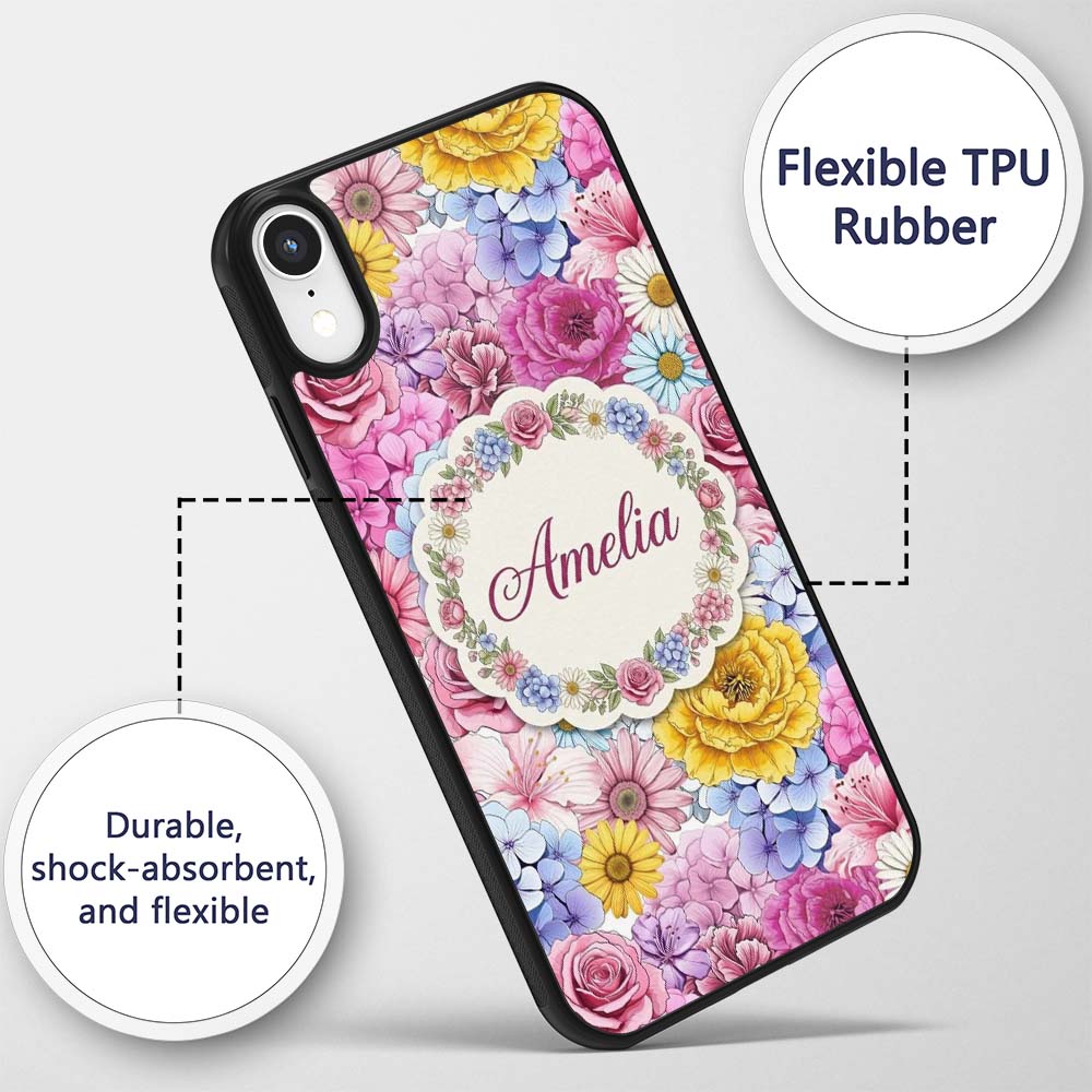 Bright Colourful Mixed Floral Roses Peonies and Custom Name Protective Phone Case Mobile Cover Durable Everyday Smartphone Shock Resistant