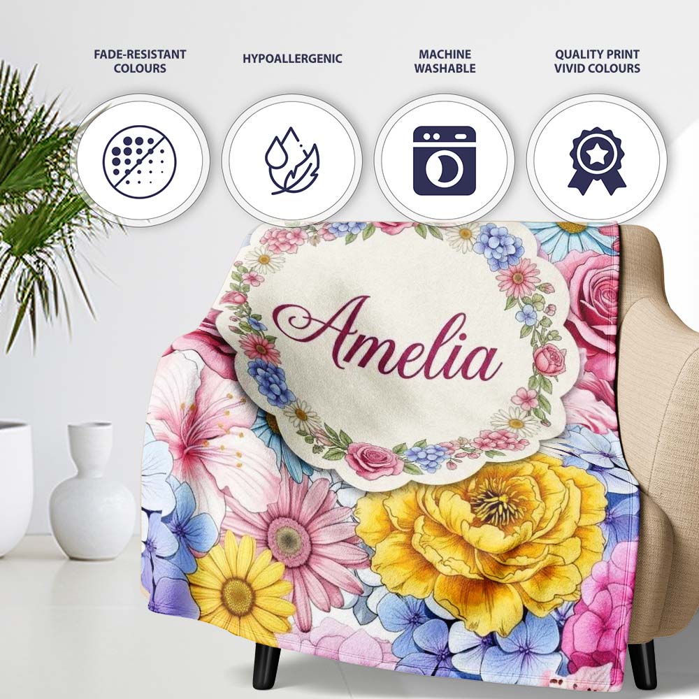 Bright Colourful Mixed Floral Roses Peonies and Daisies Seamless  Personalised Custom Name Super Soft Fleece Blanket Bed Sofa Throw