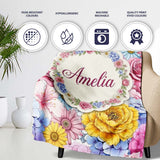 Bright Colourful Mixed Floral Roses Peonies and Daisies Seamless  Personalised Custom Name Super Soft Fleece Blanket Bed Sofa Throw