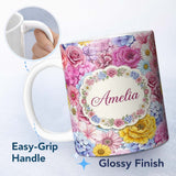 Personalized Custom Name Bright Colourful Mixed Floral Roses Peonies and Daisies Seamless 11oz Ceramic Coffee Tea Mug White Large Handle