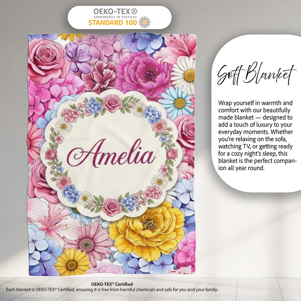 Bright Colourful Mixed Floral Roses Peonies and Daisies Seamless  Personalised Custom Name Super Soft Fleece Blanket Bed Sofa Throw