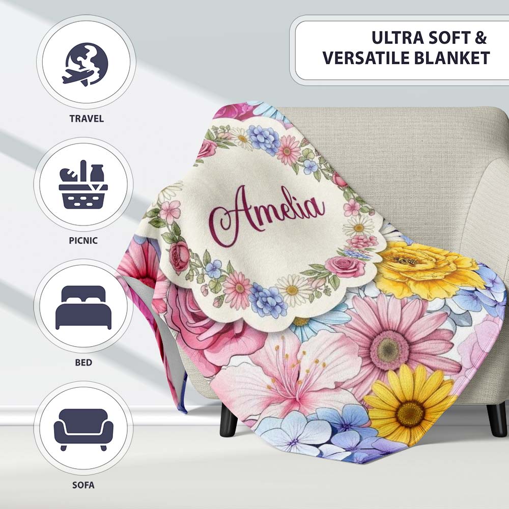 Bright Colourful Mixed Floral Roses Peonies and Daisies Seamless  Personalised Custom Name Super Soft Fleece Blanket Bed Sofa Throw