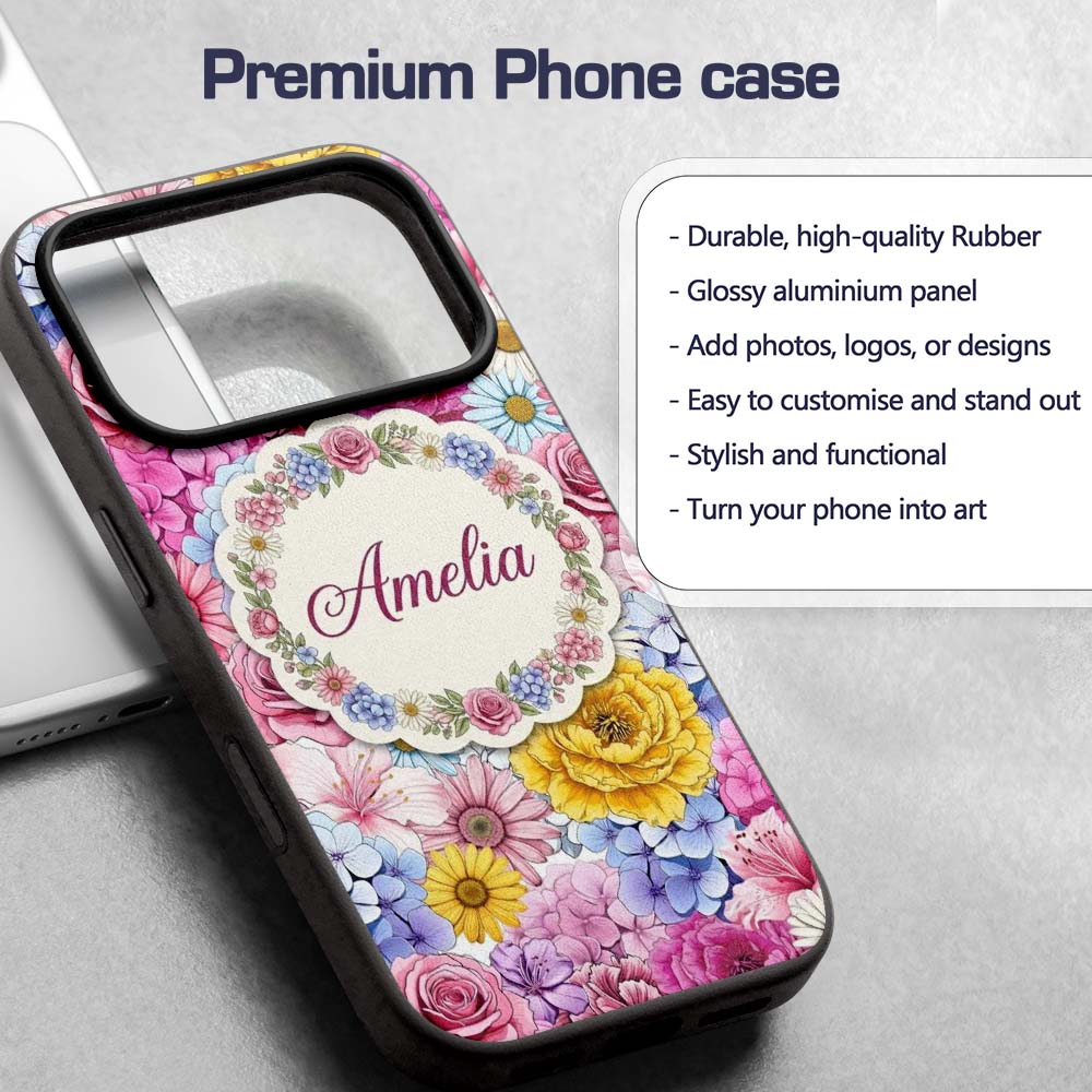 Bright Colourful Mixed Floral Roses Peonies and Custom Name Protective Phone Case Mobile Cover Durable Everyday Smartphone Shock Resistant