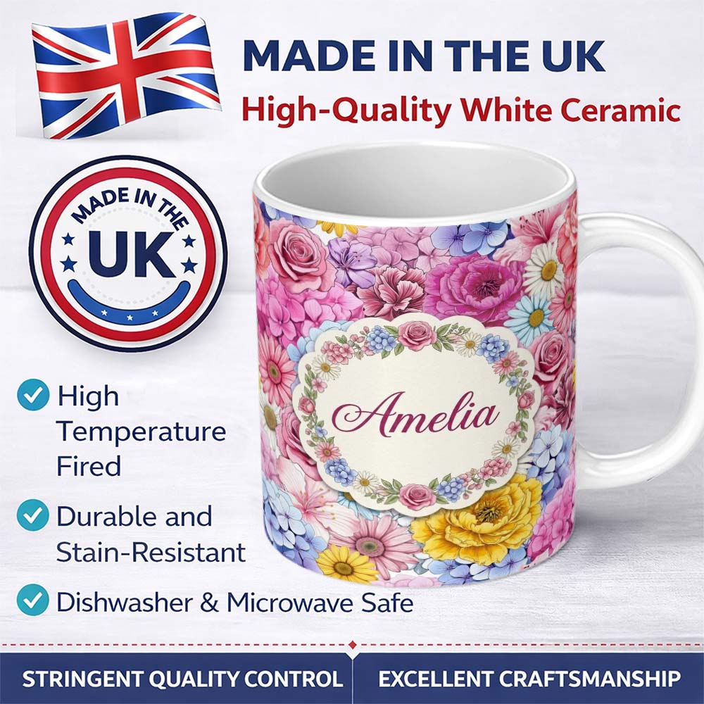 Personalized Custom Name Bright Colourful Mixed Floral Roses Peonies and Daisies Seamless 11oz Ceramic Coffee Tea Mug White Large Handle