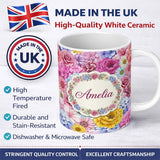 Personalized Custom Name Bright Colourful Mixed Floral Roses Peonies and Daisies Seamless 11oz Ceramic Coffee Tea Mug White Large Handle