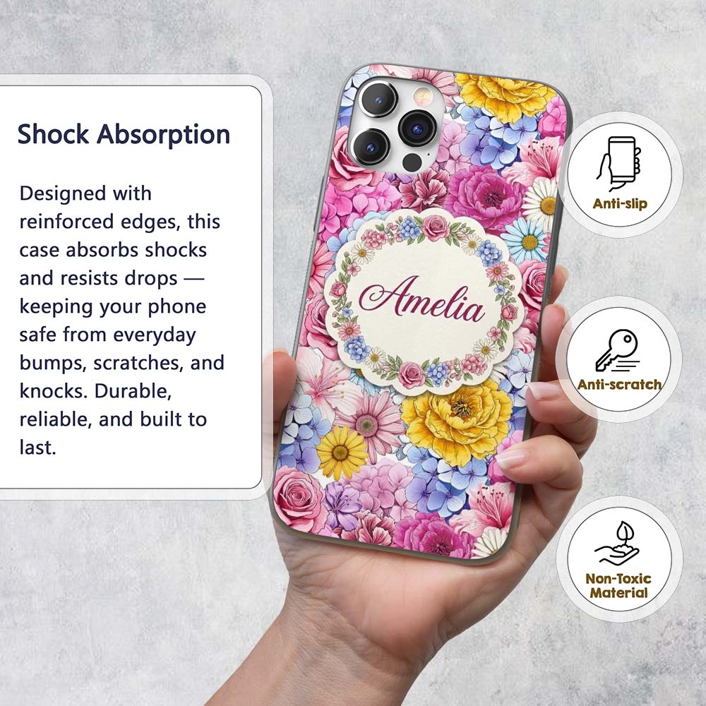 Bright Colourful Mixed Floral Roses Peonies and Custom Name Protective Phone Case Mobile Cover Durable Everyday Smartphone Shock Resistant