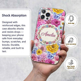 Bright Colourful Mixed Floral Roses Peonies and Custom Name Protective Phone Case Mobile Cover Durable Everyday Smartphone Shock Resistant