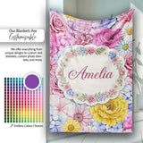 Bright Colourful Mixed Floral Roses Peonies and Daisies Seamless  Personalised Custom Name Super Soft Fleece Blanket Bed Sofa Throw