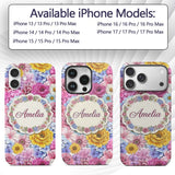Bright Colourful Mixed Floral Roses Peonies and Custom Name Protective Phone Case Mobile Cover Durable Everyday Smartphone Shock Resistant