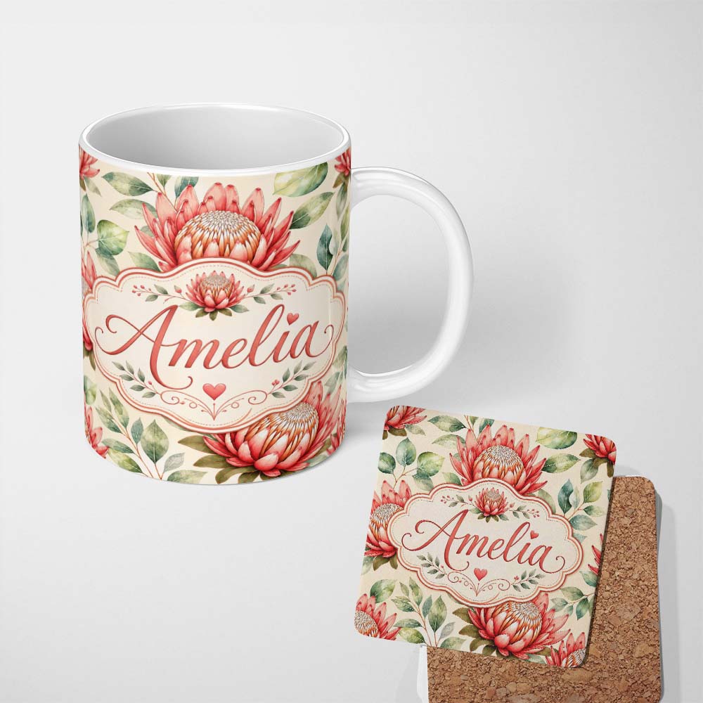 Personalized Custom Name Protea Flower Botanical Illustration Seamless Pattern Light 11oz Ceramic Coffee Tea Mug White Large Handle