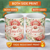 Personalized Custom Name Protea Flower Botanical Illustration Seamless Pattern Light 11oz Ceramic Coffee Tea Mug White Large Handle