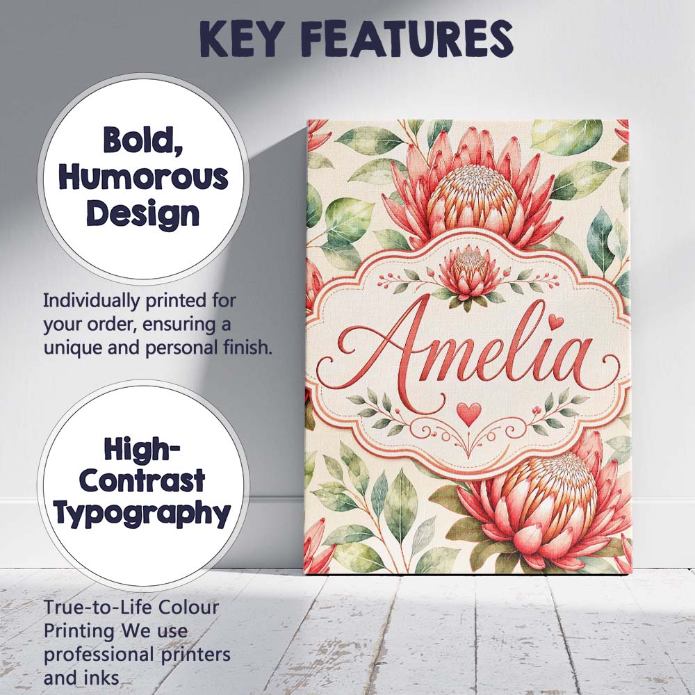 Personalised Name Protea Flower Botanical Custom  Unique Gift Idea Elegant Feature Canvas Wall Art Print Decor Picture Ready to Hang