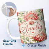Personalized Custom Name Protea Flower Botanical Illustration Seamless Pattern Light 11oz Ceramic Coffee Tea Mug White Large Handle