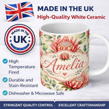 Personalized Custom Name Protea Flower Botanical Illustration Seamless Pattern Light 11oz Ceramic Coffee Tea Mug White Large Handle