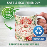 Personalized Custom Name Protea Flower Botanical Illustration Seamless Pattern Light 11oz Ceramic Coffee Tea Mug White Large Handle