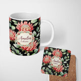 Personalized Custom Name Protea Flower Botanical Illustration Seamless Pattern Black 11oz Ceramic Coffee Tea Mug White Large Handle