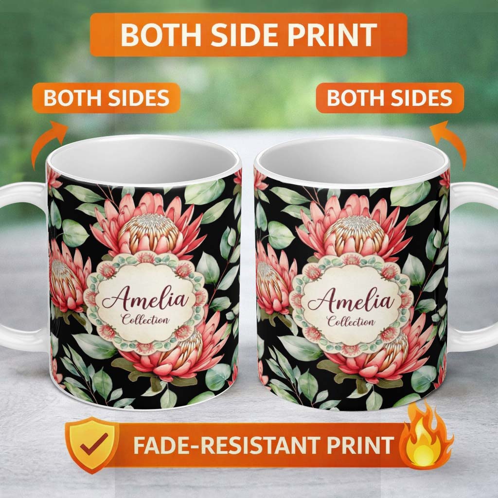 Personalized Custom Name Protea Flower Botanical Illustration Seamless Pattern Black 11oz Ceramic Coffee Tea Mug White Large Handle