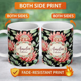 Personalized Custom Name Protea Flower Botanical Illustration Seamless Pattern Black 11oz Ceramic Coffee Tea Mug White Large Handle