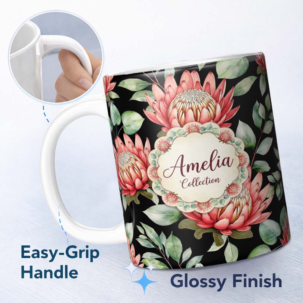 Personalized Custom Name Protea Flower Botanical Illustration Seamless Pattern Black 11oz Ceramic Coffee Tea Mug White Large Handle