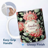 Personalized Custom Name Protea Flower Botanical Illustration Seamless Pattern Black 11oz Ceramic Coffee Tea Mug White Large Handle