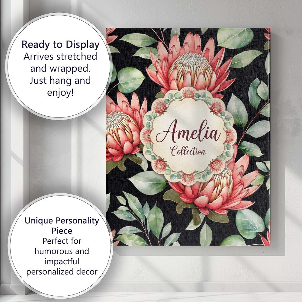 Personalised Name Protea Flower Botanical Custom  Unique Gift Idea Elegant Feature Canvas Wall Art Print Decor Picture Ready to Hang