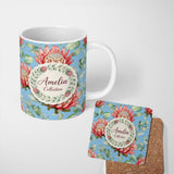 Personalized Custom Name Protea Flower Botanical Illustration Seamless Pattern Blue 11oz Ceramic Coffee Tea Mug White Large Handle