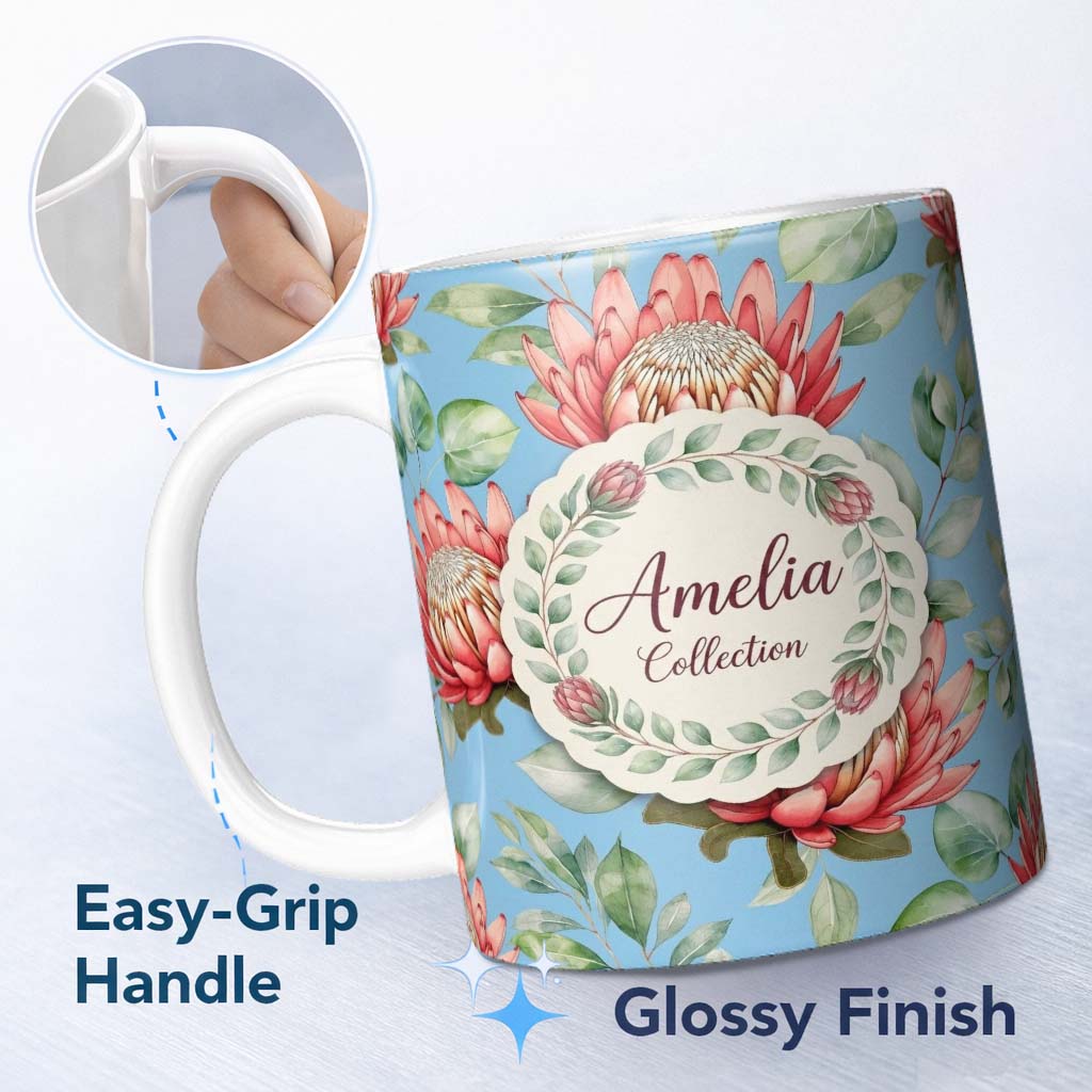 Personalized Custom Name Protea Flower Botanical Illustration Seamless Pattern Blue 11oz Ceramic Coffee Tea Mug White Large Handle