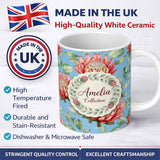 Personalized Custom Name Protea Flower Botanical Illustration Seamless Pattern Blue 11oz Ceramic Coffee Tea Mug White Large Handle