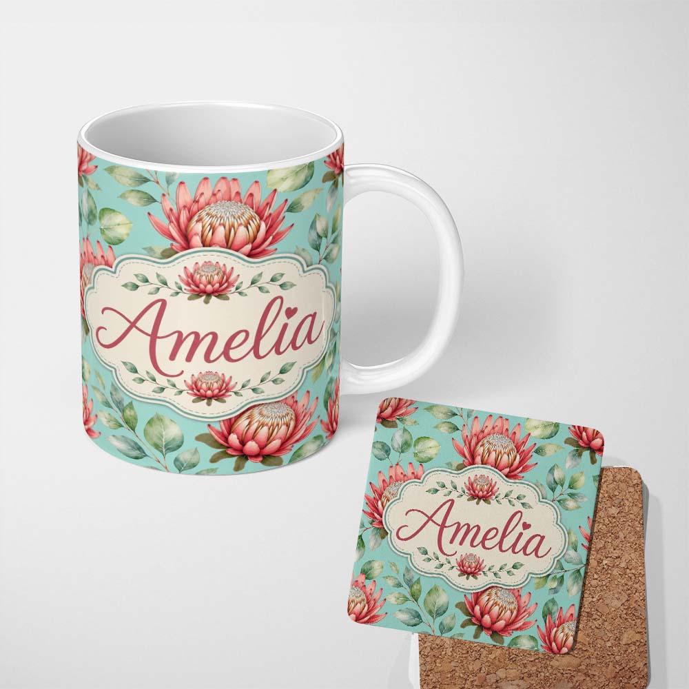 Personalized Custom Name Protea Flower Botanical Illustration Seamless Pattern Soft Gradient 11oz Ceramic Coffee Tea Mug White Large Handle