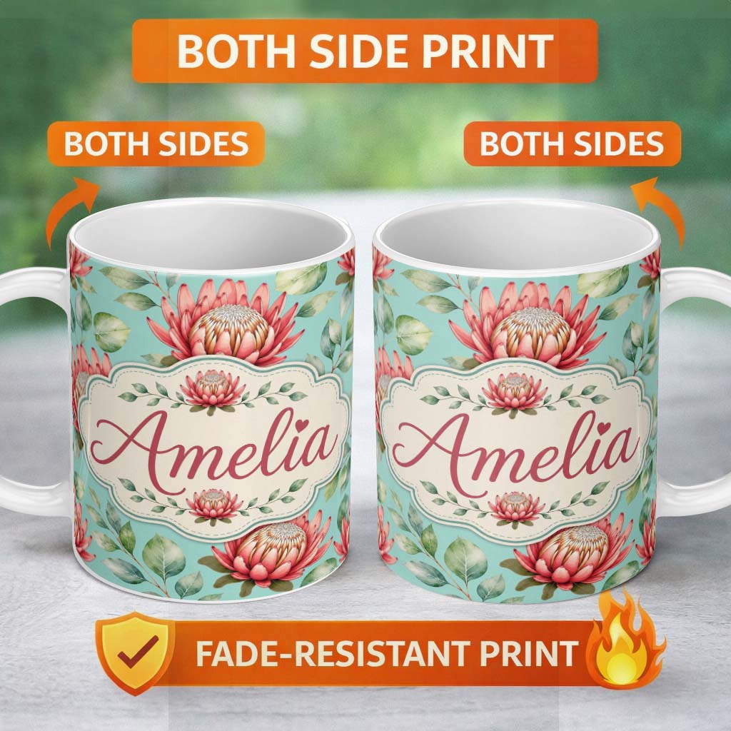 Personalized Custom Name Protea Flower Botanical Illustration Seamless Pattern Soft Gradient 11oz Ceramic Coffee Tea Mug White Large Handle