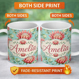 Personalized Custom Name Protea Flower Botanical Illustration Seamless Pattern Soft Gradient 11oz Ceramic Coffee Tea Mug White Large Handle