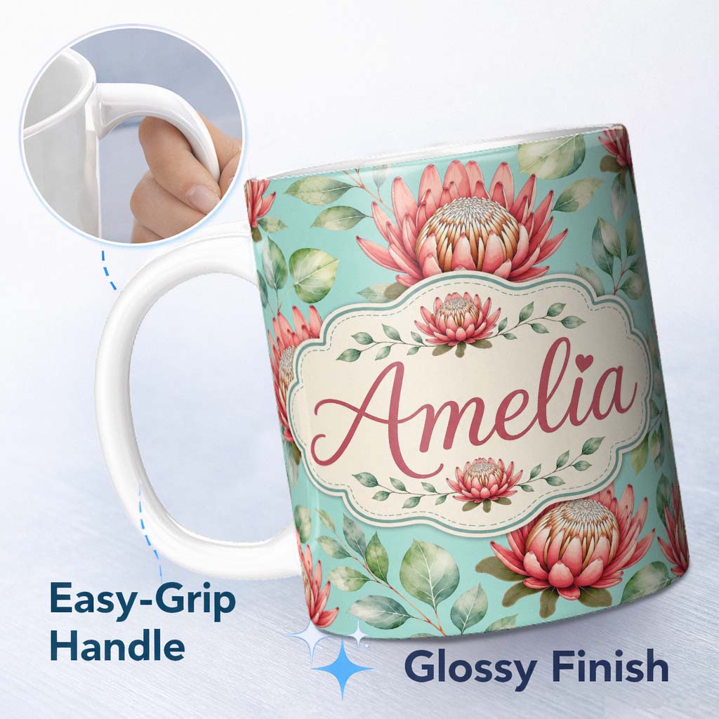 Personalized Custom Name Protea Flower Botanical Illustration Seamless Pattern Soft Gradient 11oz Ceramic Coffee Tea Mug White Large Handle
