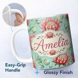 Personalized Custom Name Protea Flower Botanical Illustration Seamless Pattern Soft Gradient 11oz Ceramic Coffee Tea Mug White Large Handle