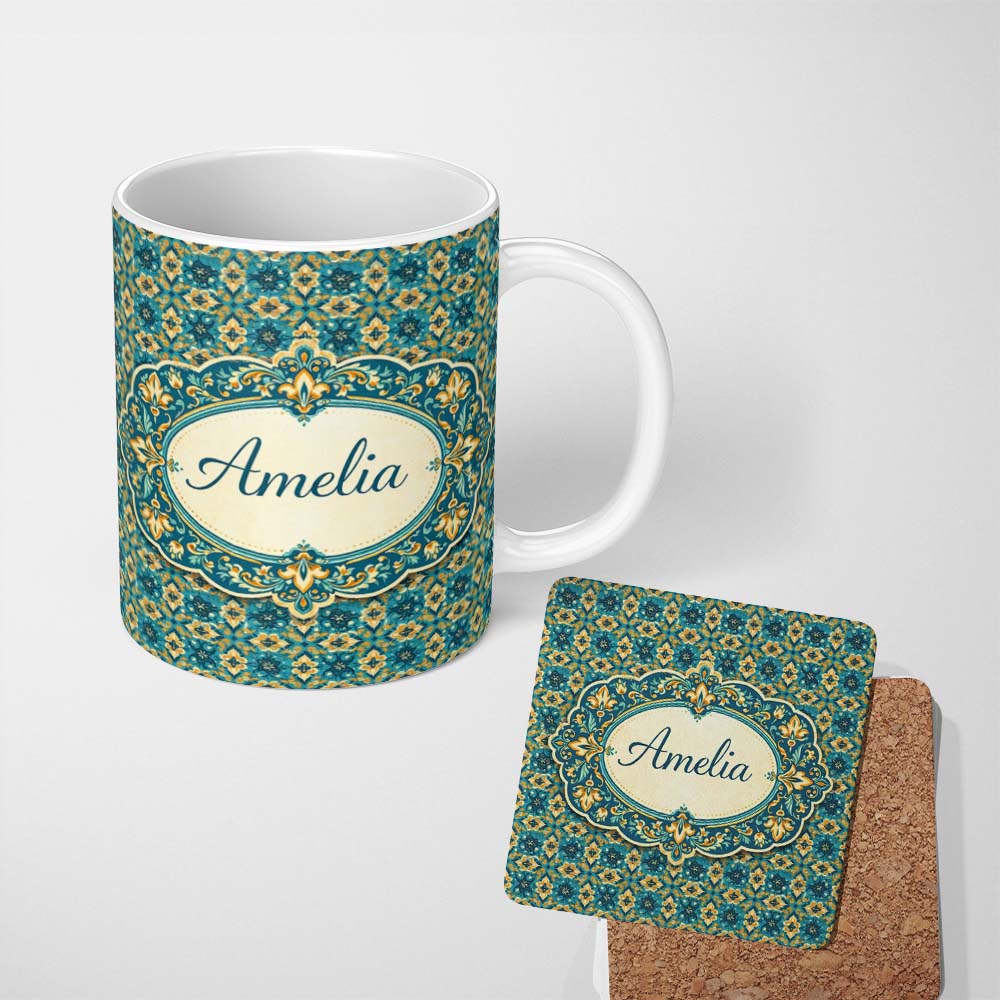 Personalized Custom Name Floral Daisy Motif Cream Orange Seamless Pattern Cute Unique Gift 11oz Ceramic Coffee Tea Mug White Large Handle
