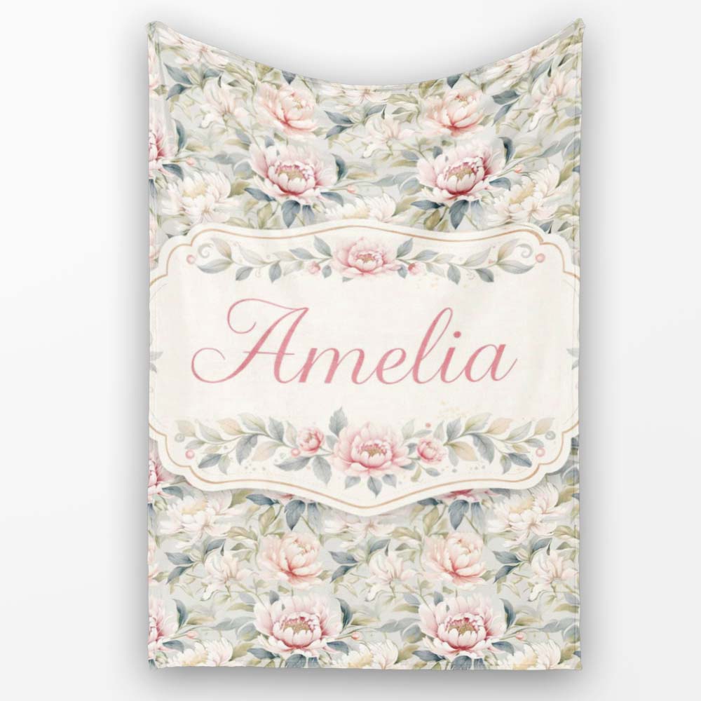 Soft Pastel Peony Floral Garden Seamless Pattern Cute Unique Gift  Personalised Custom Name Super Soft Fleece Blanket Bed Sofa Throw