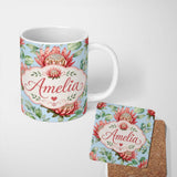 Personalized Custom Name Protea Flower Botanical Illustration Seamless Pattern Neutral 11oz Ceramic Coffee Tea Mug White Large Handle