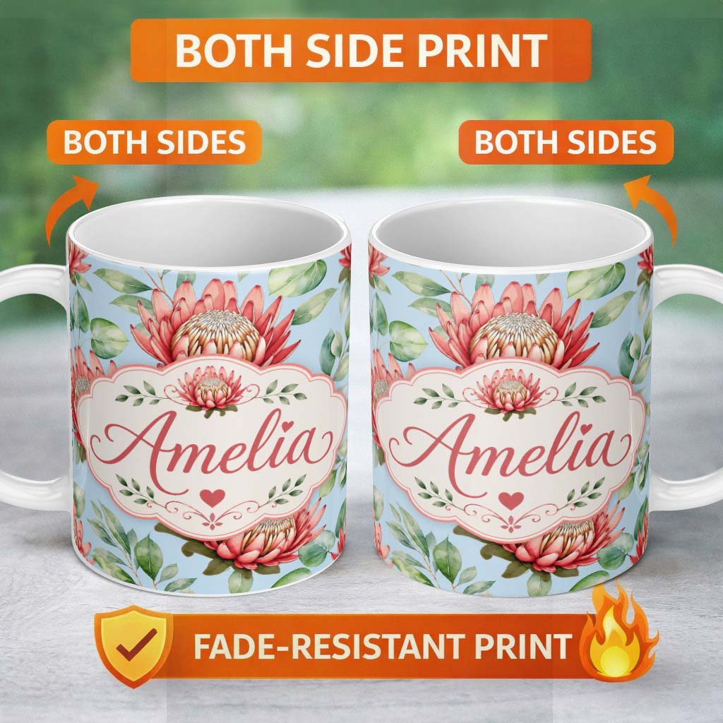 Personalized Custom Name Protea Flower Botanical Illustration Seamless Pattern Neutral 11oz Ceramic Coffee Tea Mug White Large Handle