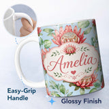 Personalized Custom Name Protea Flower Botanical Illustration Seamless Pattern Neutral 11oz Ceramic Coffee Tea Mug White Large Handle