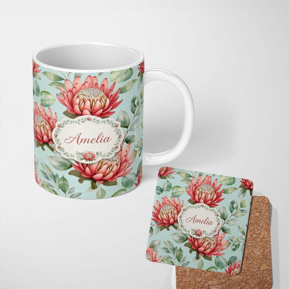 Personalized Custom Name Protea Flower Botanical Illustration Seamless Pattern Pastel 11oz Ceramic Coffee Tea Mug White Large Handle