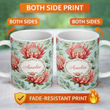Personalized Custom Name Protea Flower Botanical Illustration Seamless Pattern Pastel 11oz Ceramic Coffee Tea Mug White Large Handle